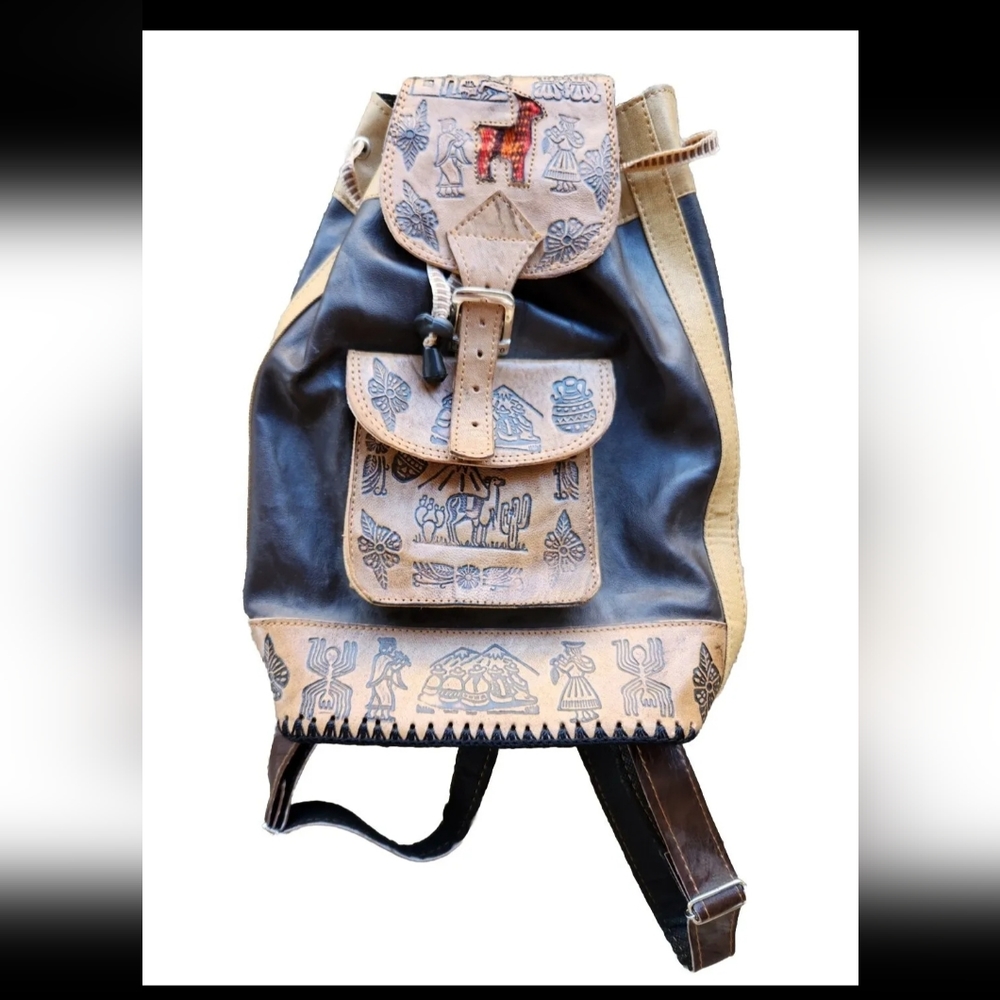 Puro Cuero Backpack  Leather Adjustable Straps Aztec Southwest Bag Purse